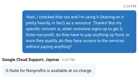 Google Nonprofit Free Support Response