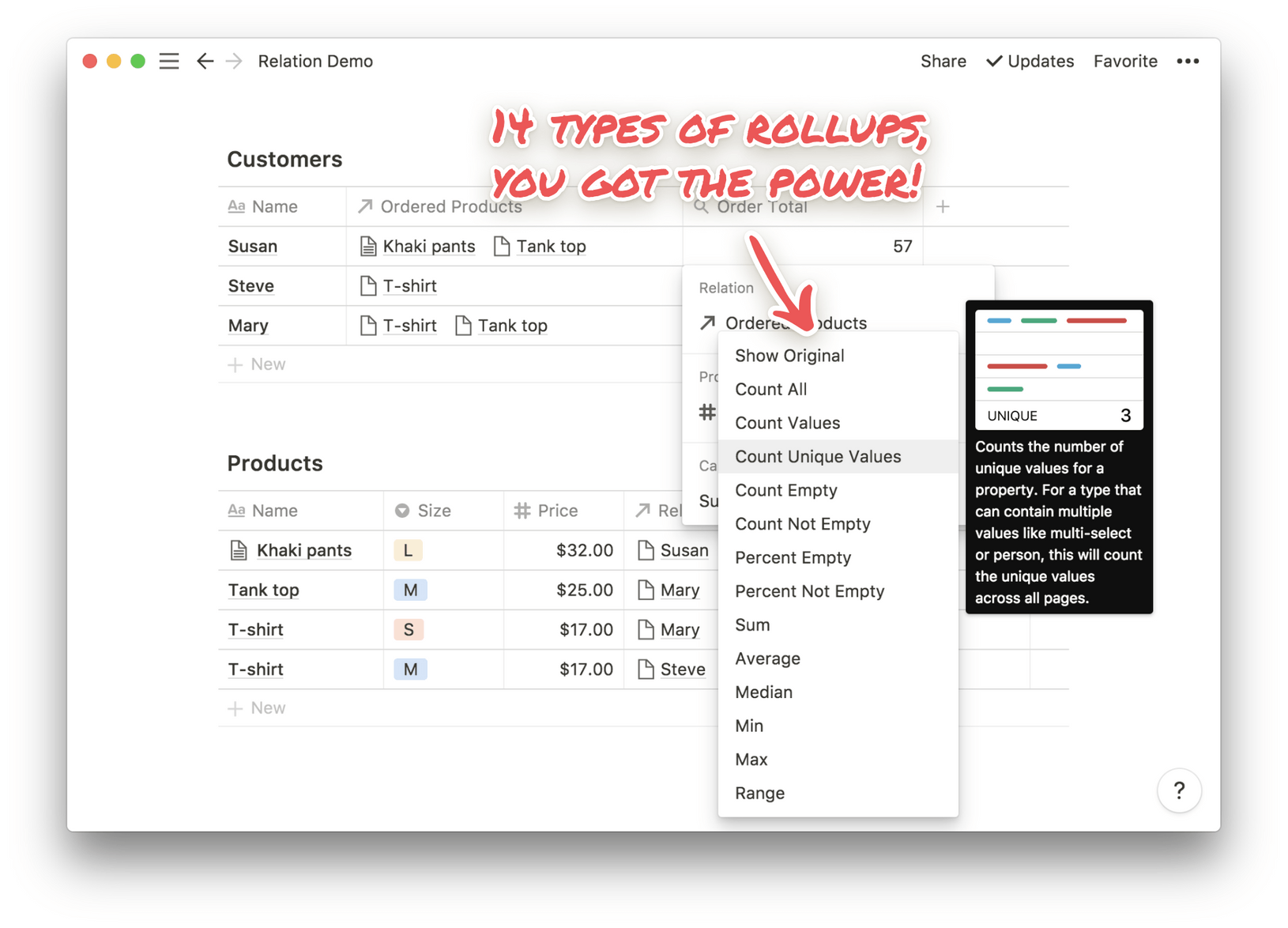 Notion relational databases rollup