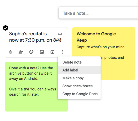 Google Keep Note Taking Options