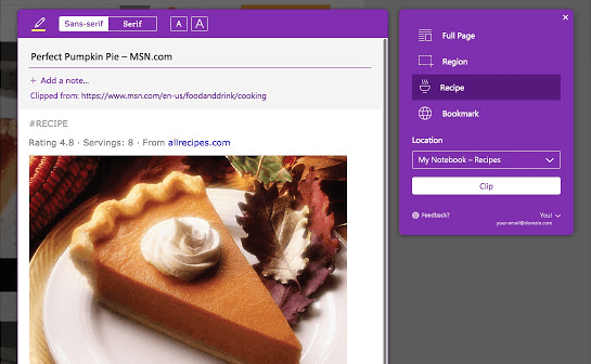 Microsoft OneNote Web Clipper Recipe Example