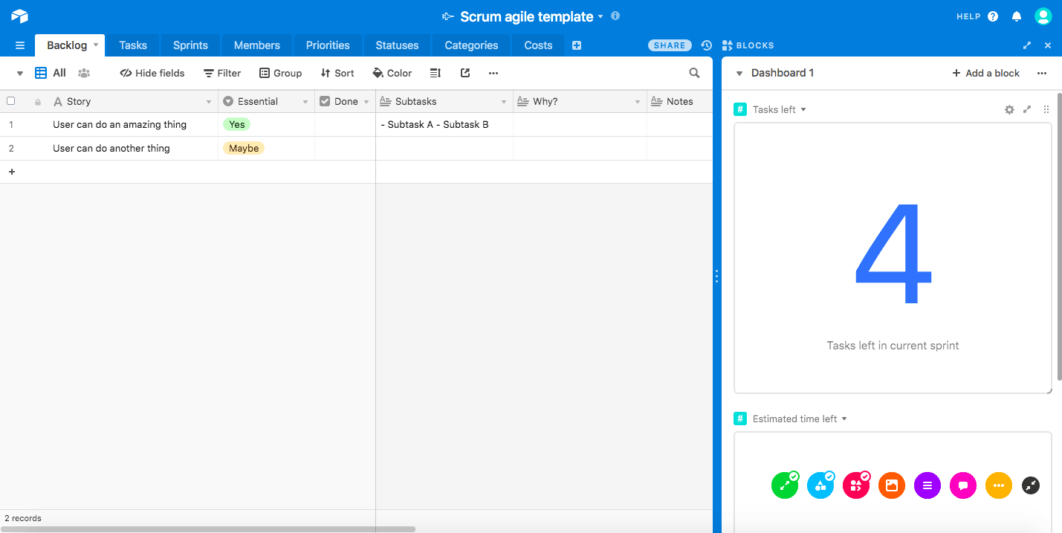 Screenshot of Airtable scrum board