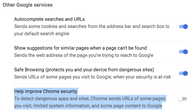 google services chrome setting