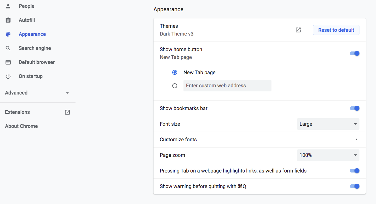 chrome appearance settings screenshot