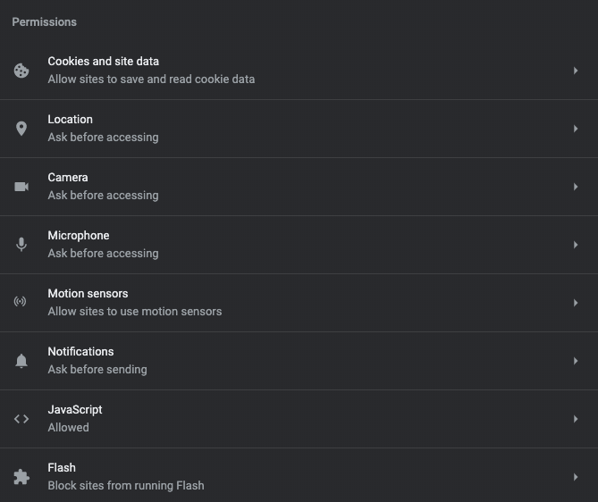 chrome site settings menu screenshot