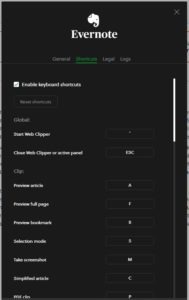 evernote windows keyboard shortcuts