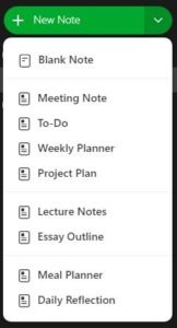 evernote new note menu screenshot