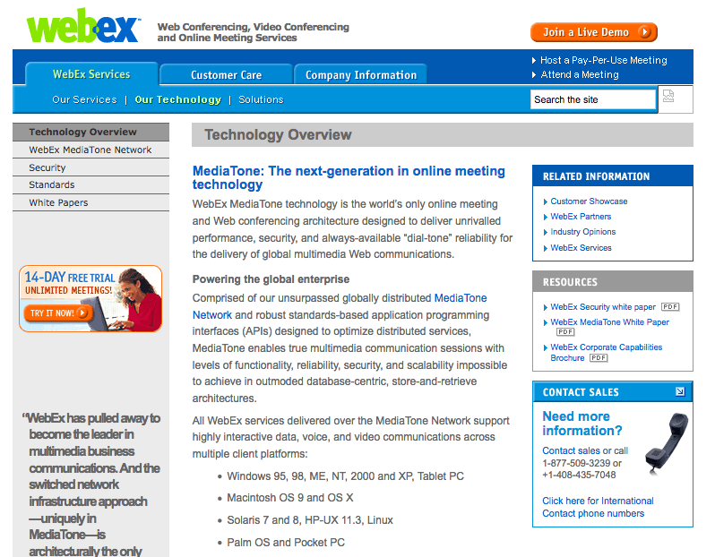 WebEx Communications website 2005 screenshot