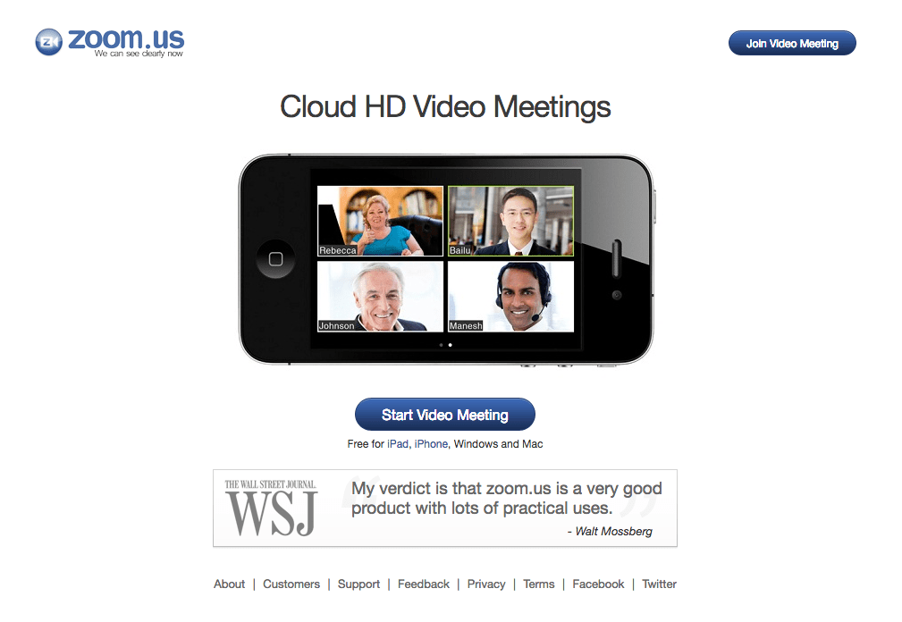 Zoom’s home page in August 2012