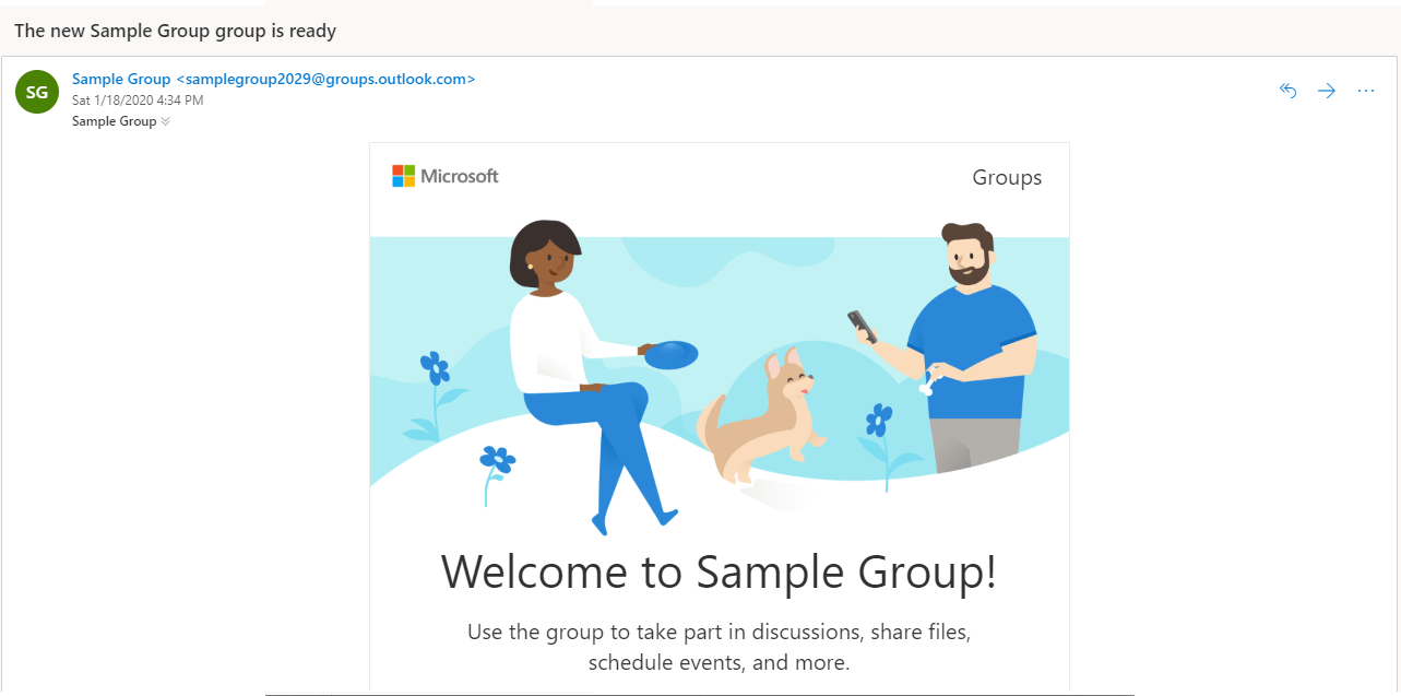 Office 365 Groups welcome email screenshot