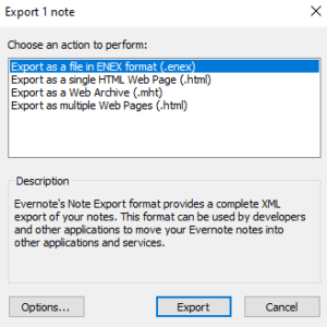 Evernote export dialog box