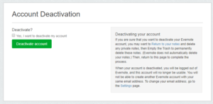 evernote account deactivation dialog box