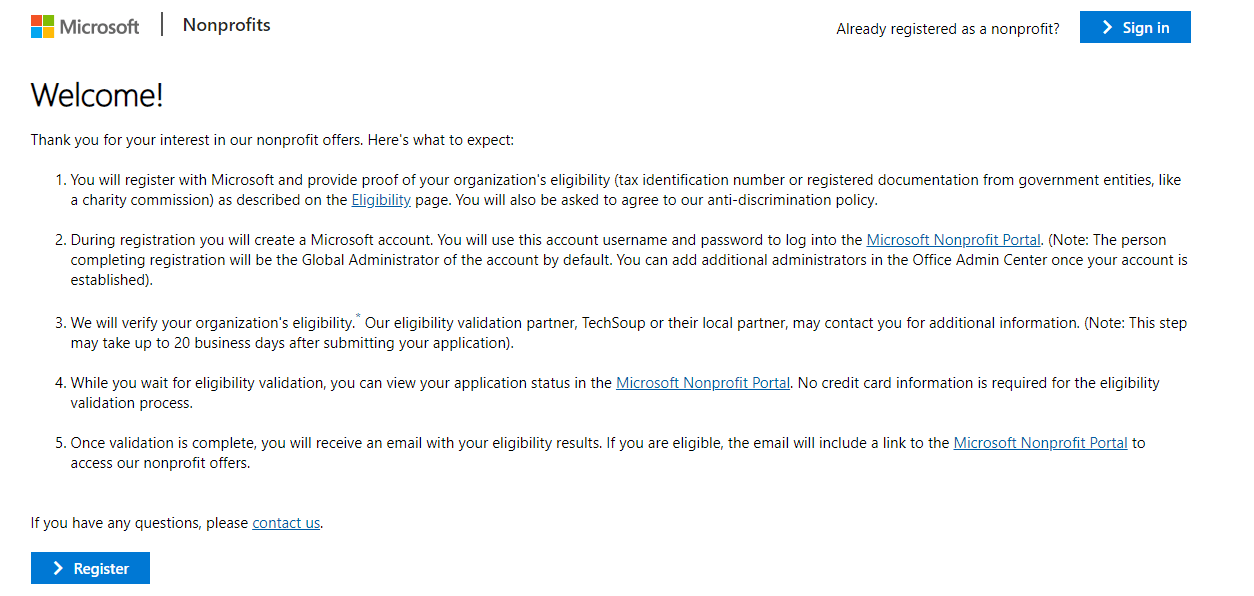 office 365 nonprofit registration page