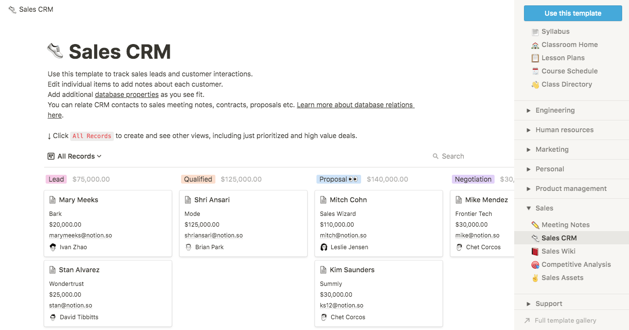 ejemplo de Notion de crm