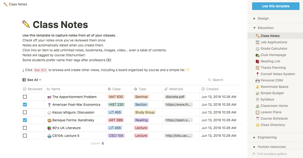 notion class notes example