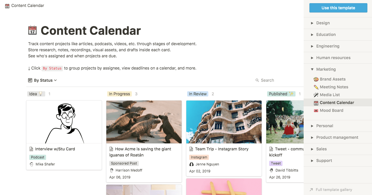 plantilla de calendario de contenido de Notion