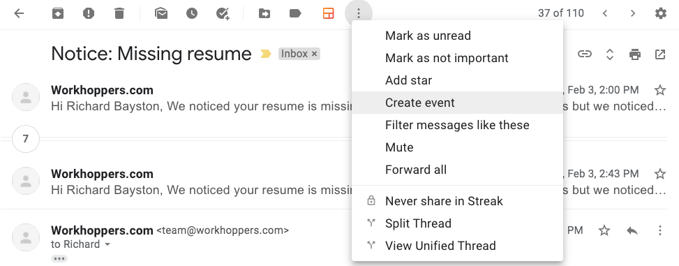 Gmail create event