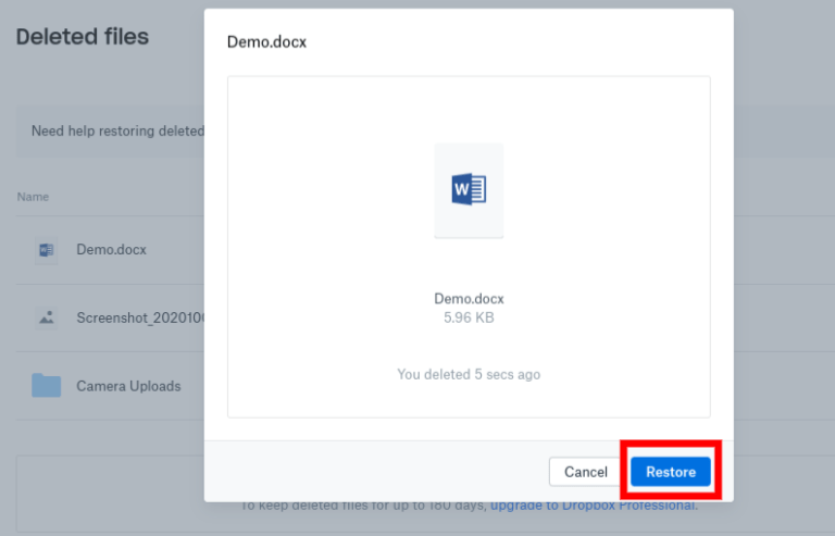 recover deleted file dropbox