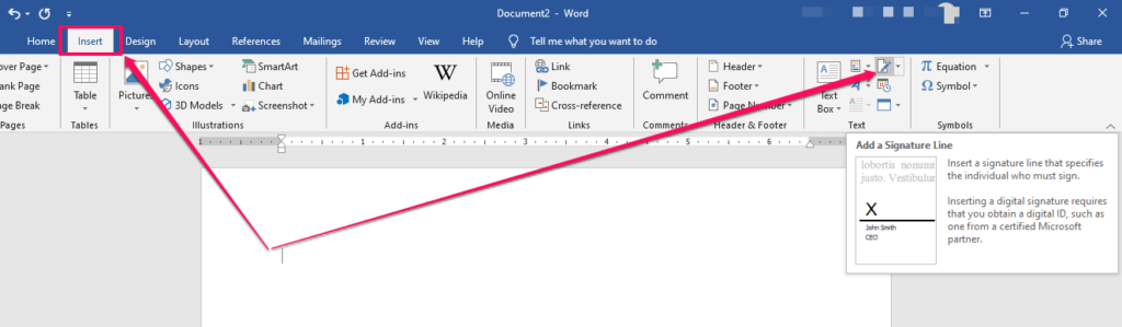 how to add a signature in word 2017