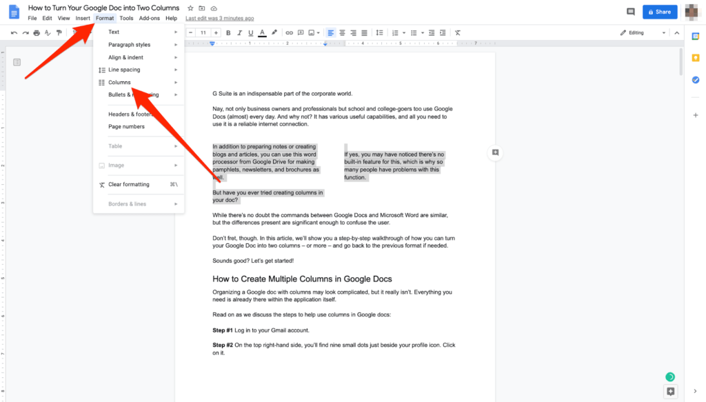 How to Turn Your Google Doc into Two Columns