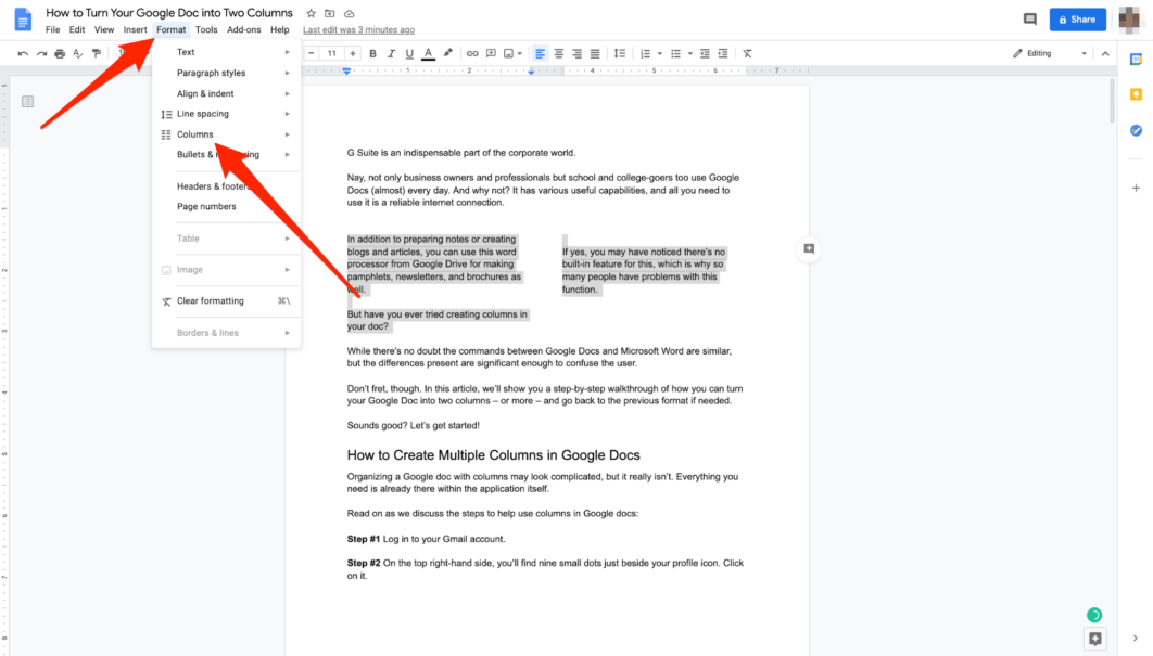 How To Do Two Columns In Google Docs