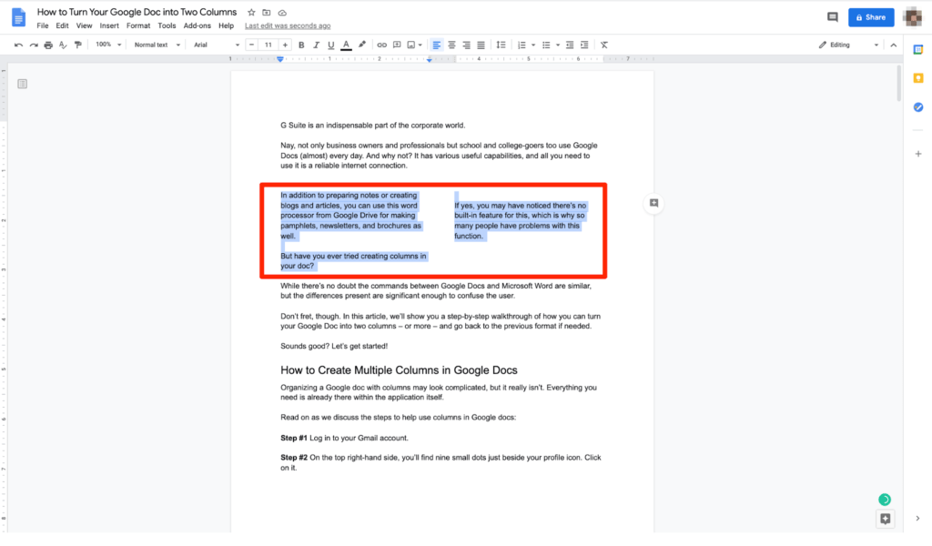 How To Turn Your Google Doc Into Two Columns