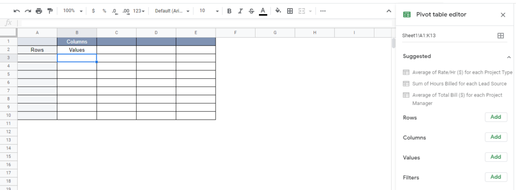 How to create a pivot table in Google Sheets - step 3