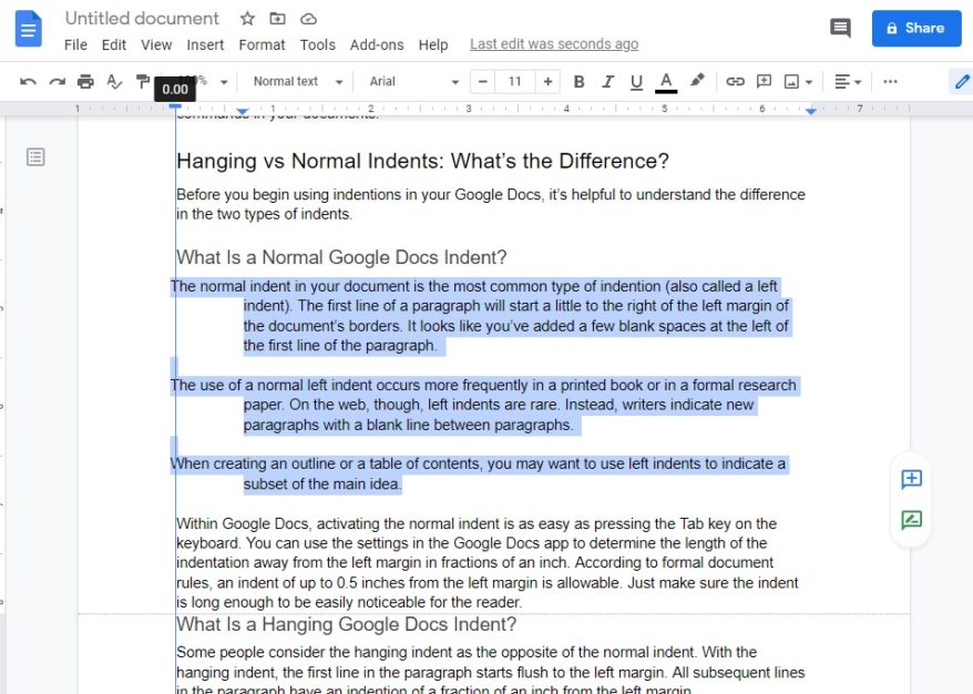 how to do a hanging indent google indent