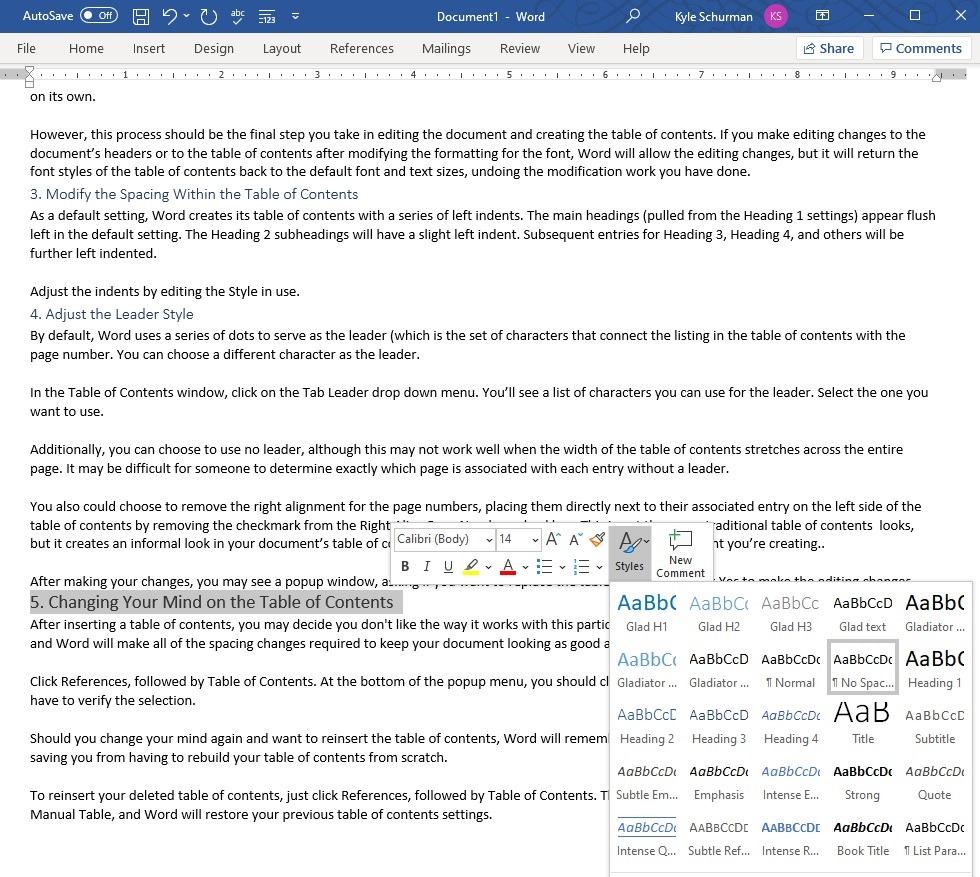 how to create table of contents in word with dots