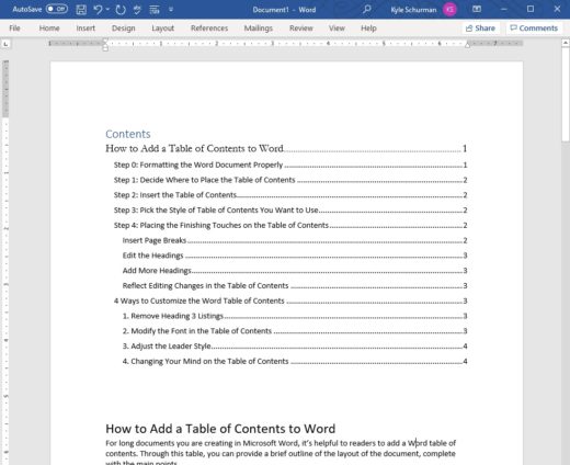 add entry to manual table of contents word 2010