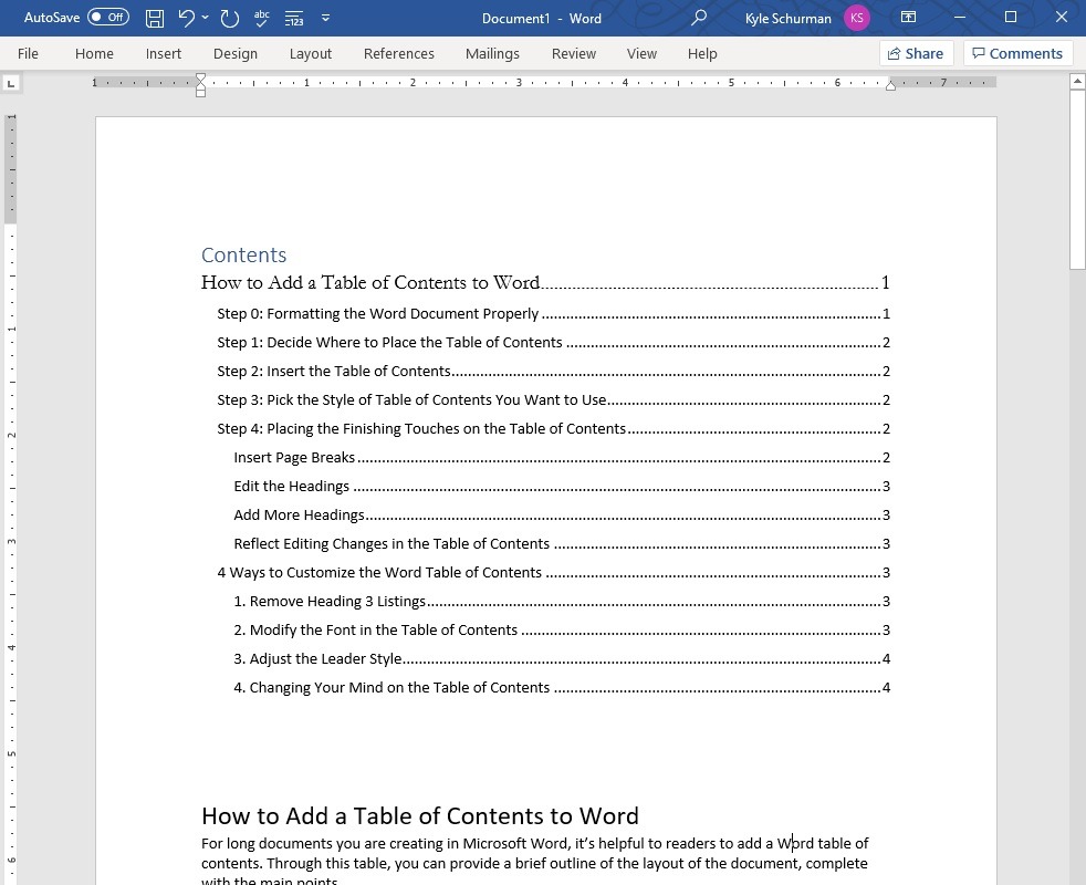 Как сделать table of contents в word