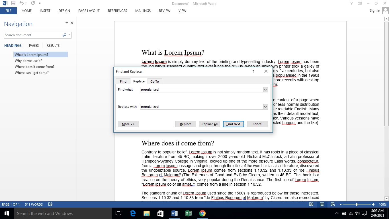 microsoft word find and replace default button