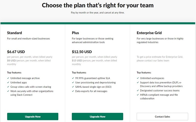 slack pricing tiers