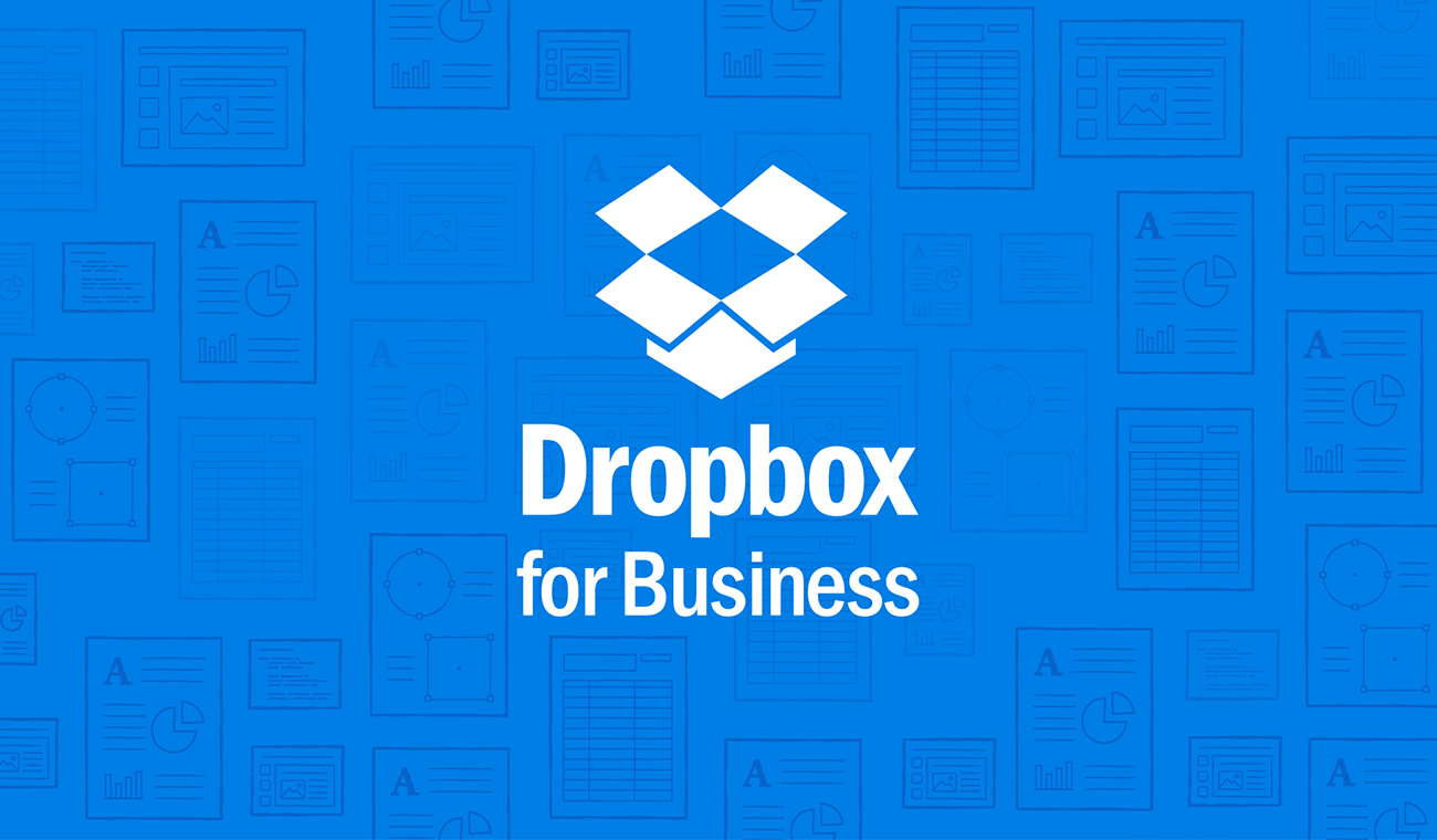 Dropbox for Business logo. White box and text on a blue background with faint outlines of documents in the background.