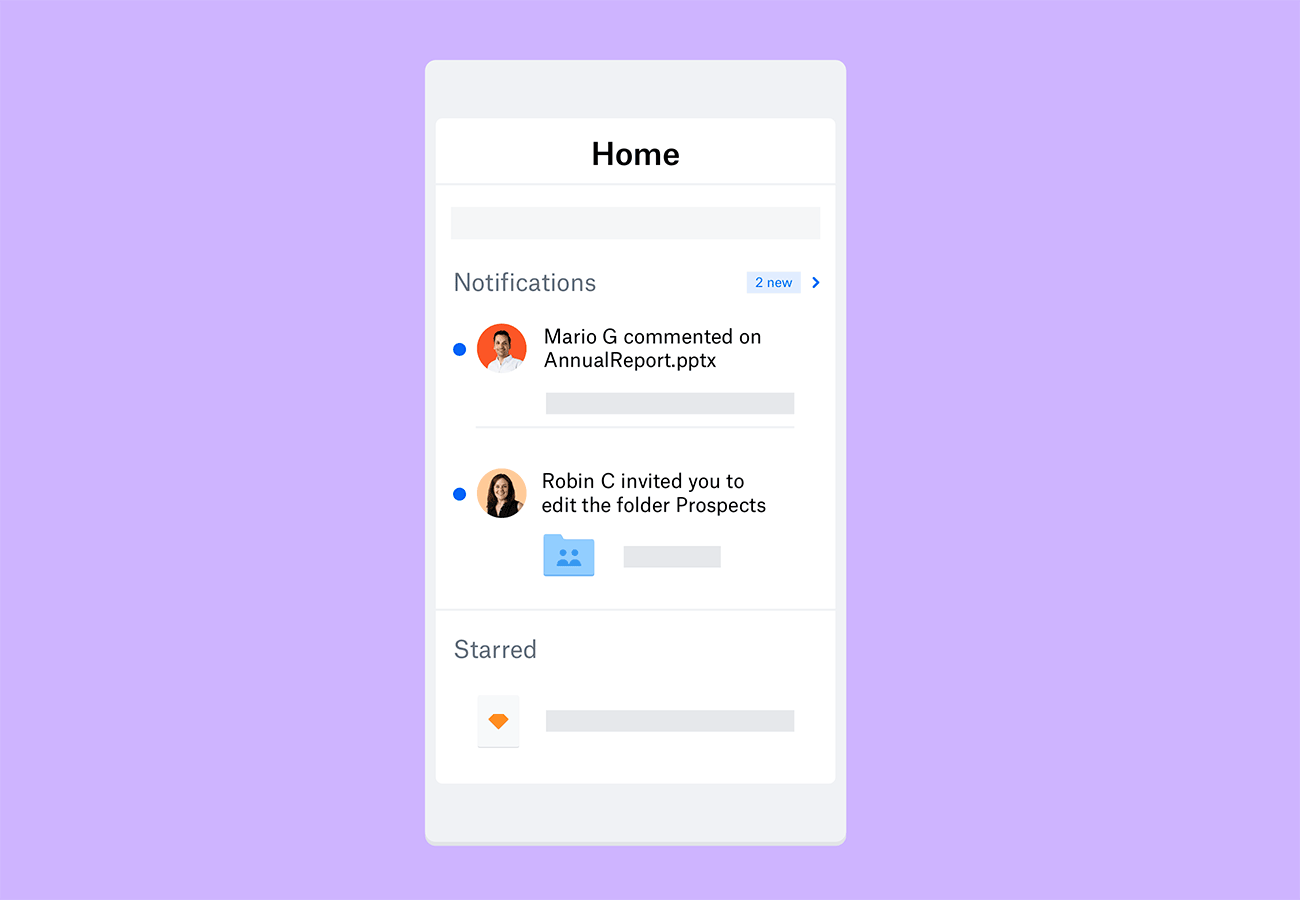 Screenshot of Dropbox's new mobile features including notifications. 