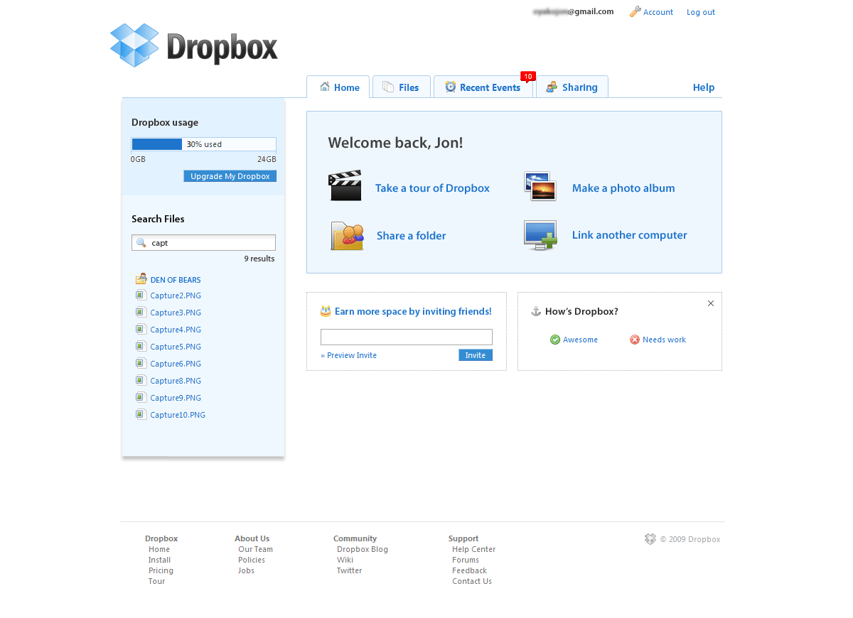 Dropbox screenshot from 2009 showing the original home page for the product. Functions include taking a tour, sharing a folder, making a photo album and linking another computer. 