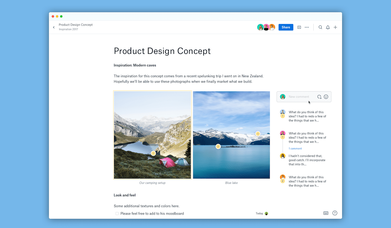 Dropbox Paper screenshot showing Product Design Concept. 