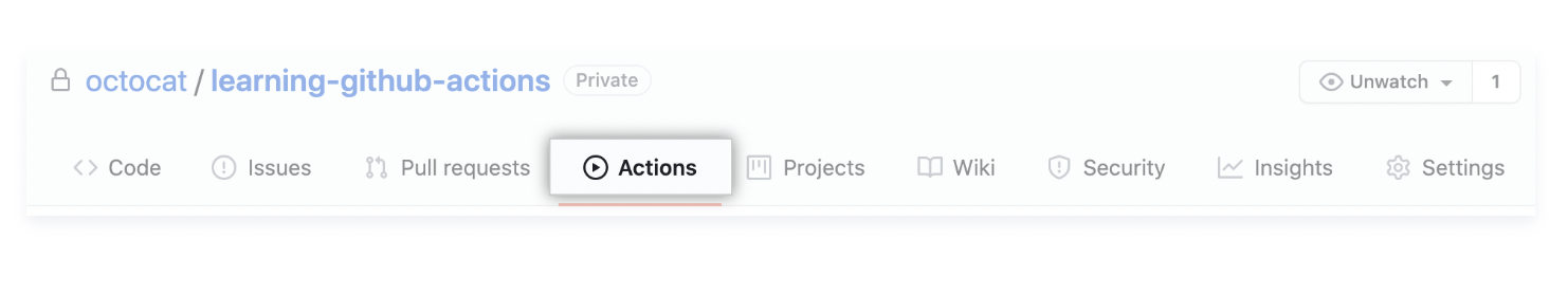 Image of the top of the GitHub repository navigation menu with the Actions tab highlighted
