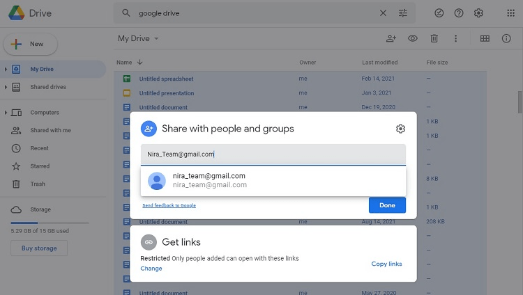Google Drive option to share with people and groups