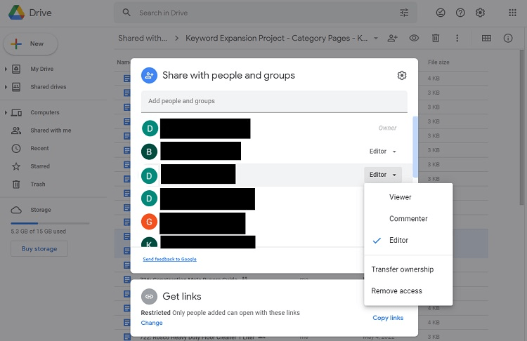 Google Drive option to share with people and groups with dropdown to transfer ownership