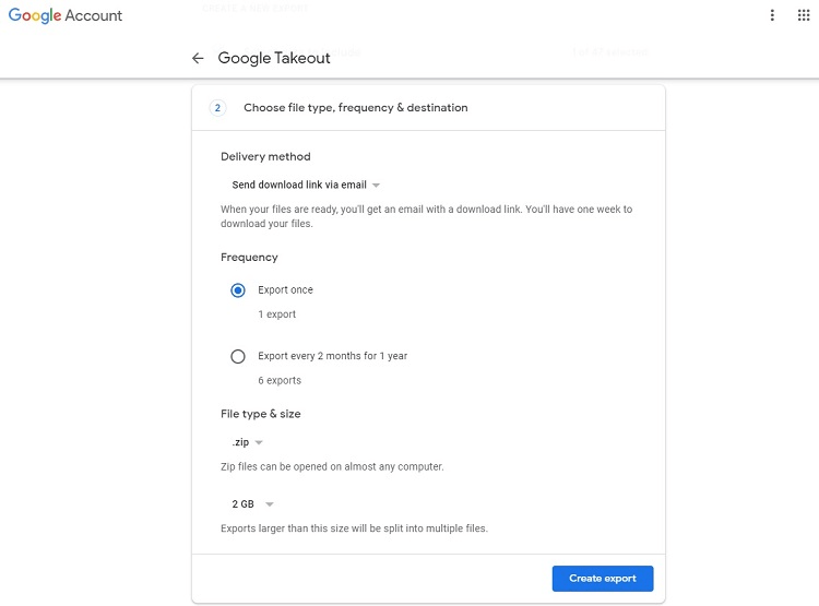 Google Takeout app with options to choose file type, frequency, and destination