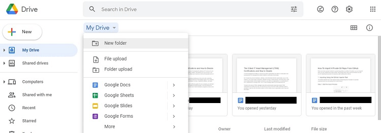Google Drive with "New folder" selected in dropdown