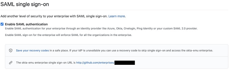 SAML single sign-on with checkmark next to "Enable SAML authentication"