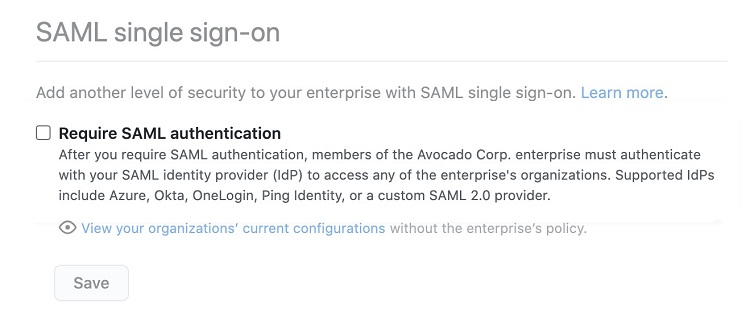 SAML single sign-on window with checkbox next to "Require SAML authentication"