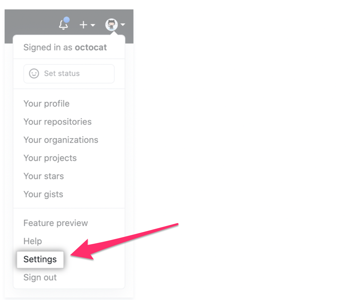 Red arrow pointing to settings menu on GitHub profile