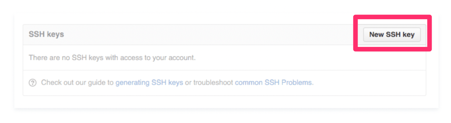 GitHub SSH Keys menu with red square around button that says New SSH key