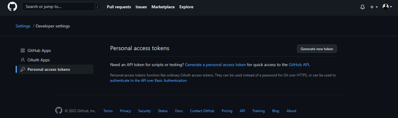 GitHub "Developer settings" page with "Personal access tokens" highlighted on right side of screen