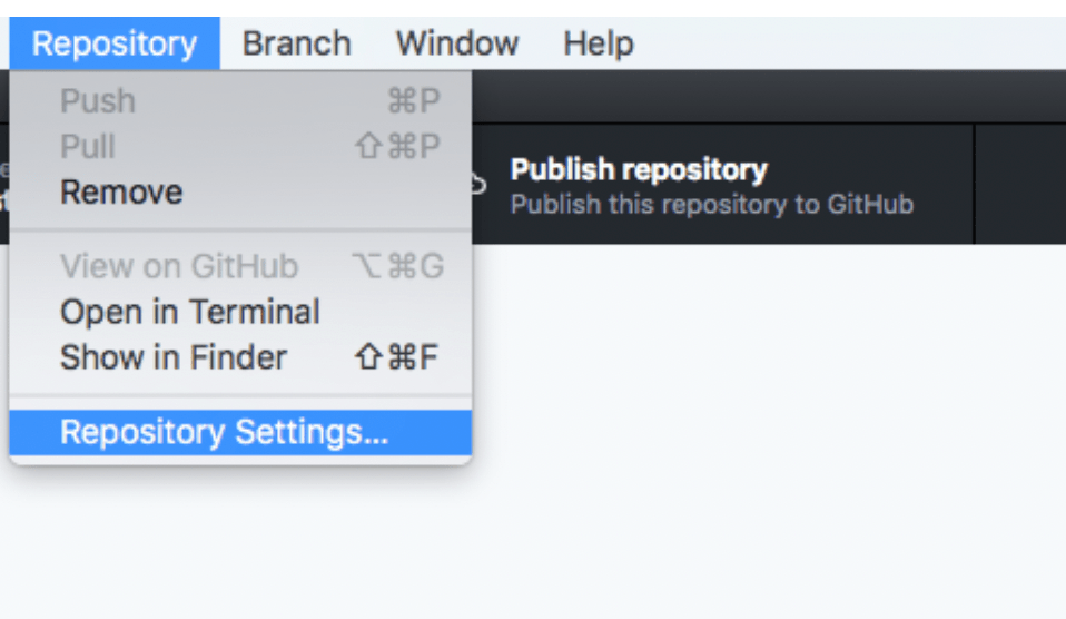 Repository menu at the top of the GitHub desktop application with Repository Settings selected