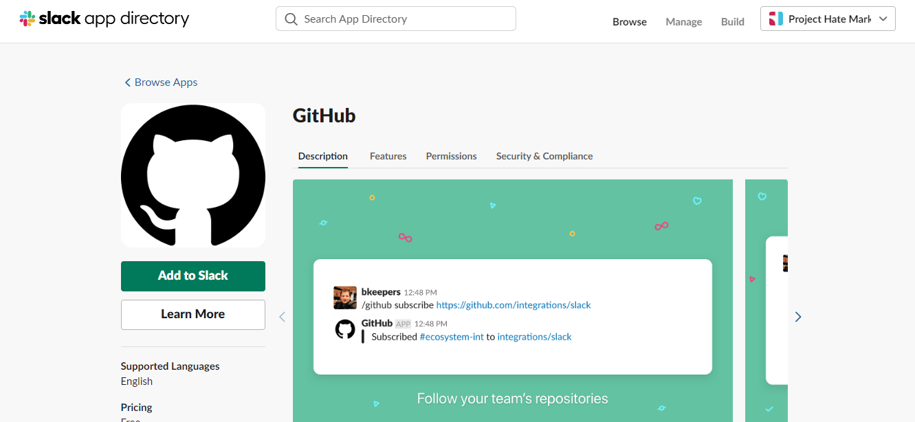 GitHub integration page in Slack app directory