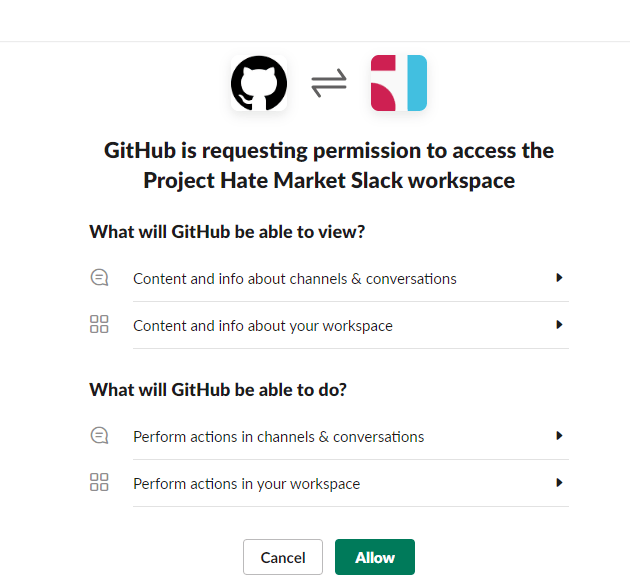 Screen asking you to review and accept app permissions for GitHub-Slack integration