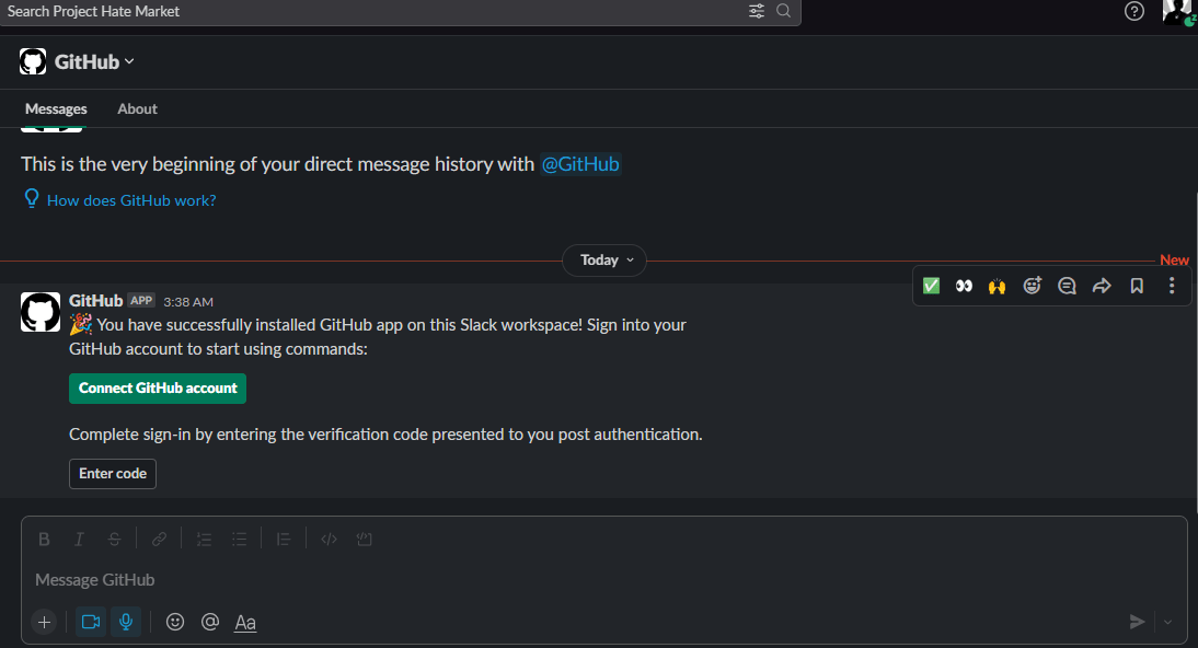 GitHub welcome message in Slack